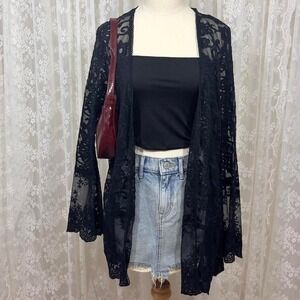 L*Space Black Lace Kimono Cardigan Bell Sleeves Gothic Dark Fairy Womens XS/S